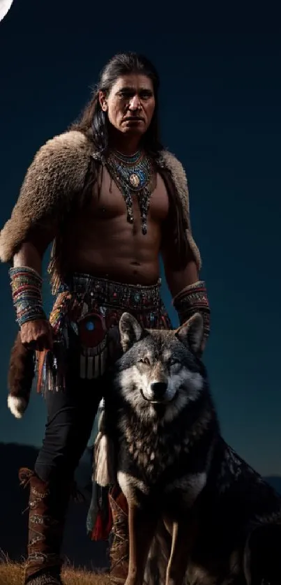 A warrior stands with a wolf under a moonlit sky.