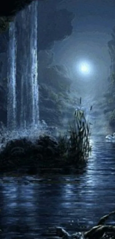 Moonlit waterfall with swans and serene landscape in blue tones.