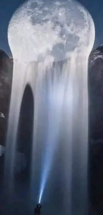 Moonlit waterfall at night with majestic scenery.