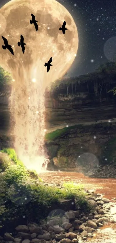 Fantasy moonlit waterfall with birds and lush greenery.