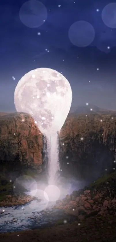 Surreal art of the moon becoming a waterfall in a night landscape.