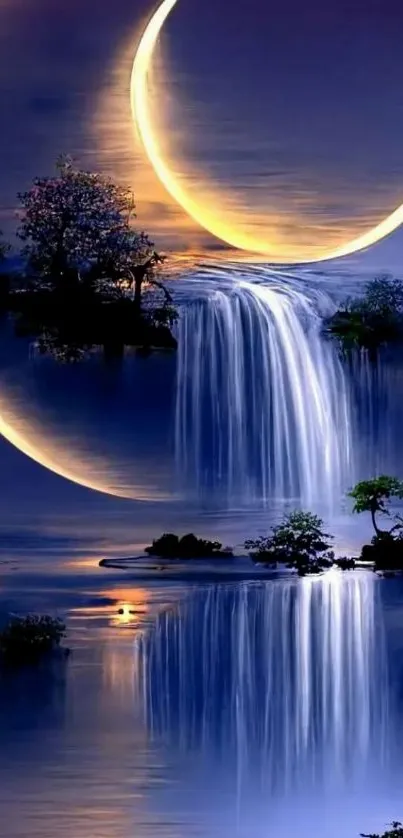 Fantasy art wallpaper with a moonlit waterfall.