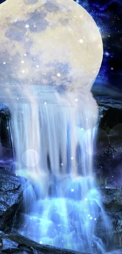 Surreal moonlit waterfall fantasy art with blue and celestial highlights.