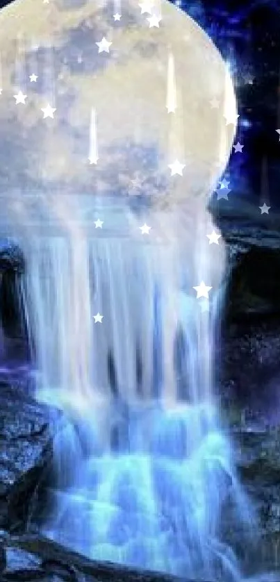 Moonlit waterfall with flowing luminous waters in a fantasy night scene.