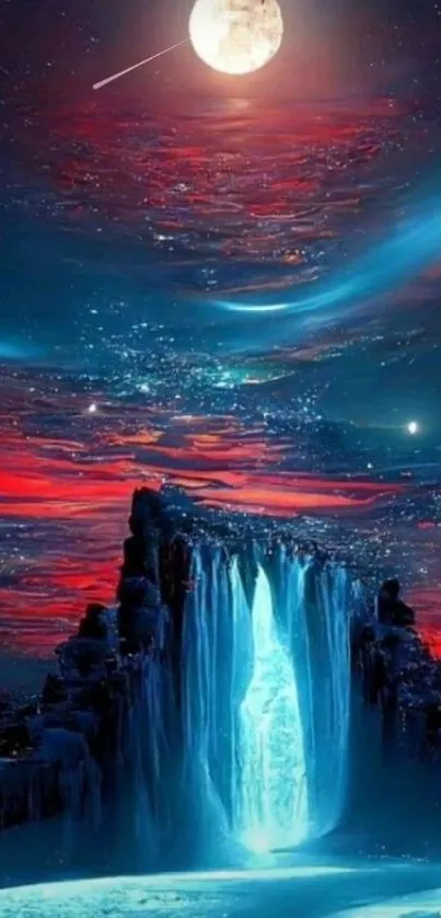 Fantasy wallpaper with moonlit waterfall under a starry sky.