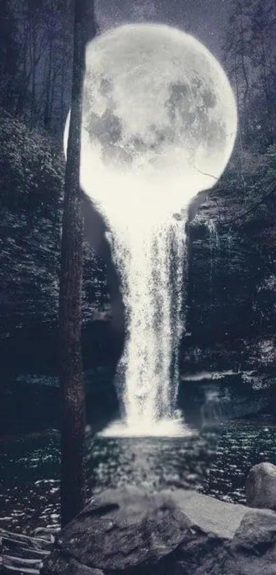 Fantasy moon waterfall cascading into a serene forest pool at night.