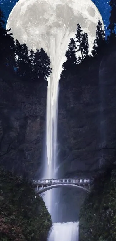 Fantasy waterfall with moonlit night sky.