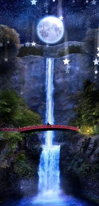 Moonlit waterfall beneath a starry sky with a serene and tranquil atmosphere.