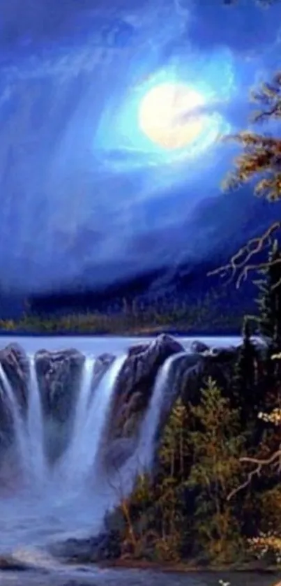 Moonlit waterfall at night with forest and glowing sky.