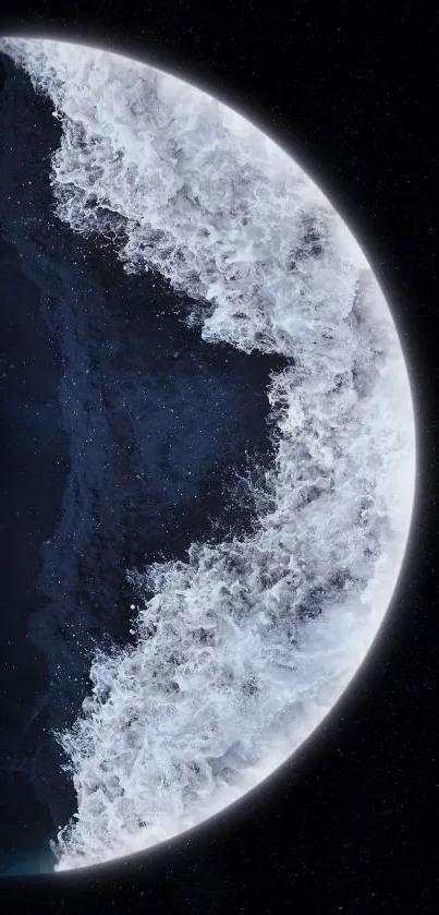 Moonlit waves crash on a dark blue planet against a starry sky.