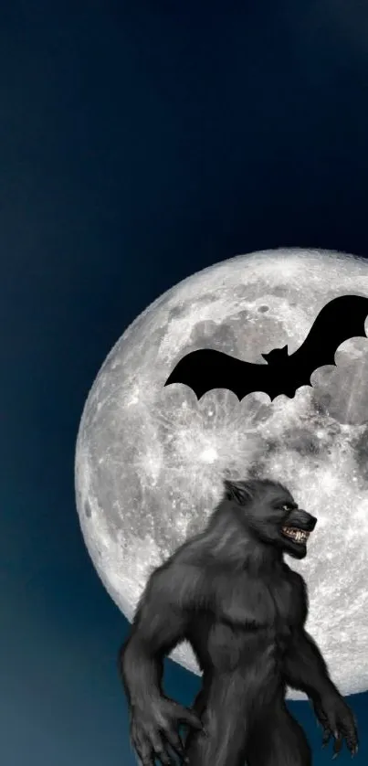 Werewolf and bat with full moon at night on a dark blue wallpaper background.