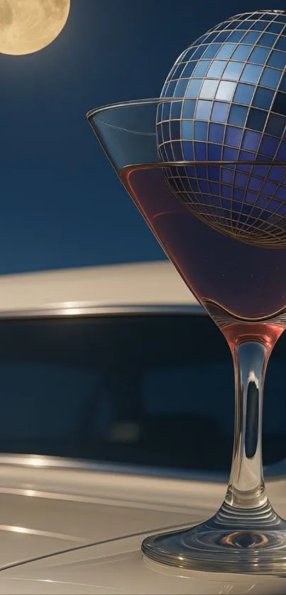 Surreal wallpaper with moonlit wine glass and geometric orb.