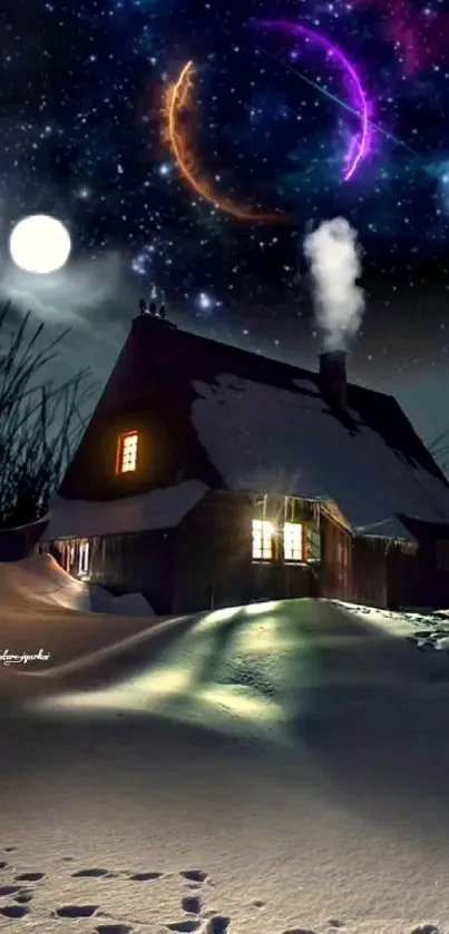 Moonlit winter cabin with cosmic night sky above.