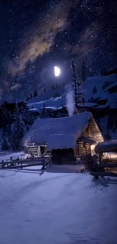 Snowy cabin under a starry night sky with moonlight.