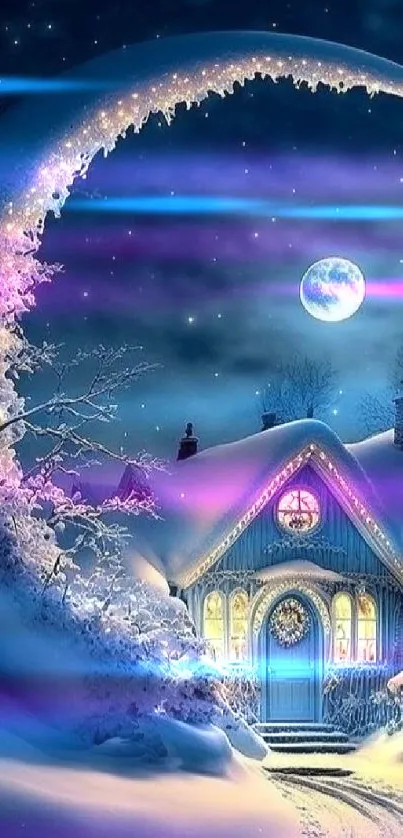 Snowy cottage under crescent moonlit sky, framed by stars.