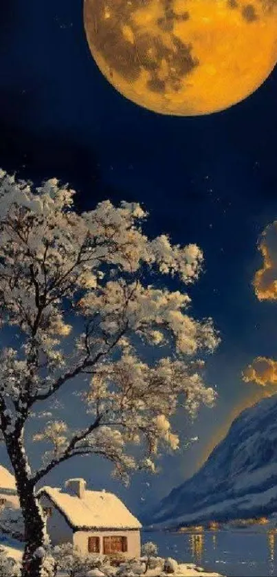 Moonlit winter night with snow and glowing full moon.