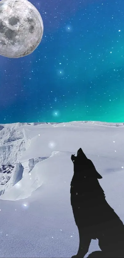 A lone wolf howling beneath a full moon with aurora in the snowy mountains.