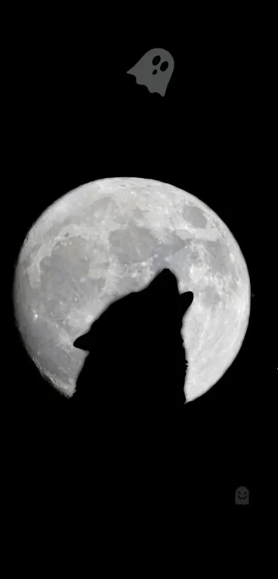 Wolf howling at full moon with ghostly figures in a dark night sky.