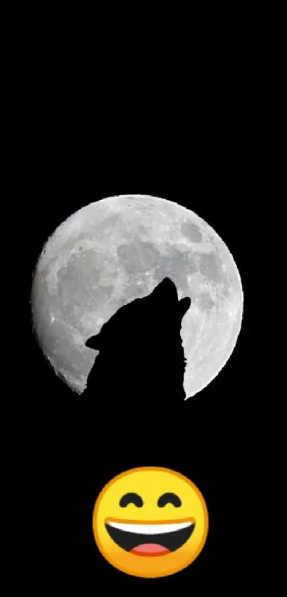 Silhouette of a wolf with a full moon and a smiling emoji on a dark background.