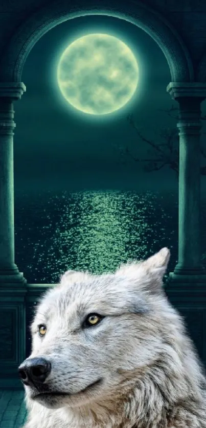 Wolf under moonlight with ocean and rose accents in mystical scenery.