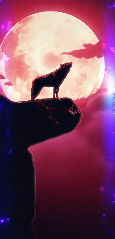 Wolf silhouette against a vibrant red moon, surrounded by purple hues.