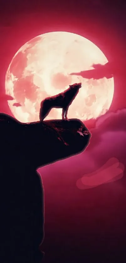 Wolf stands on cliff against a pink full moon.