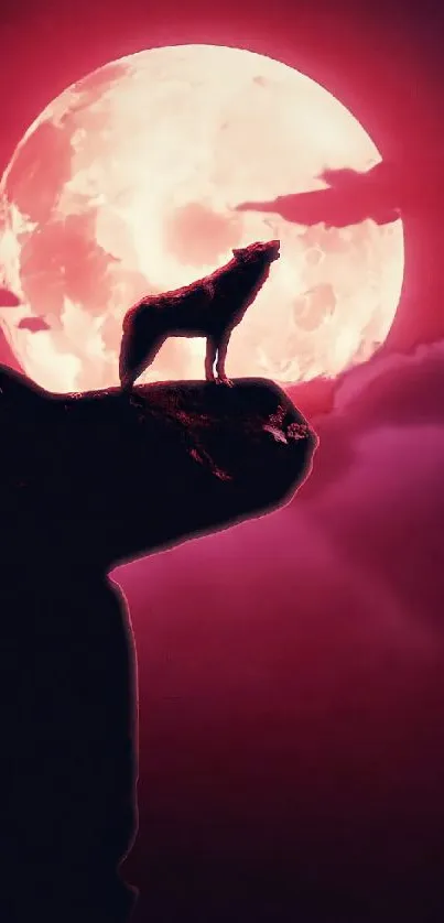 Silhouette of a wolf against a full red moon on a cliff.