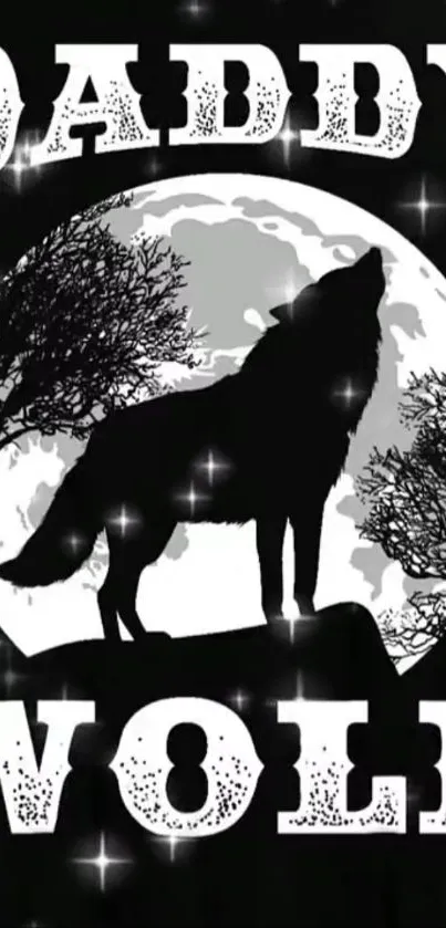 Wolf silhouette against moon in mobile wallpaper.