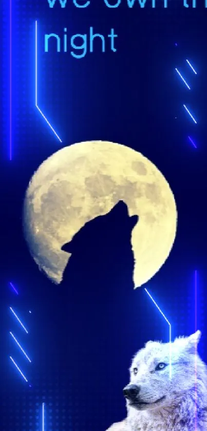Wolf silhouette against a full moon with 'we own the night' text.
