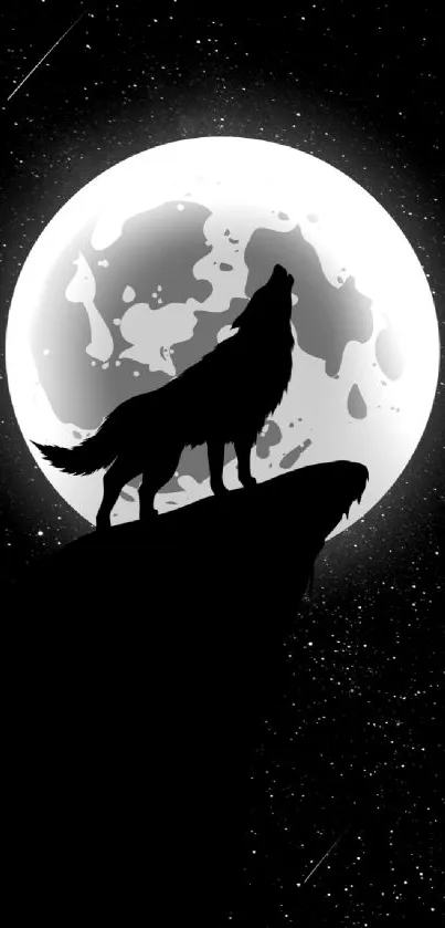 Silhouette of a wolf howling at the moon in a starry night sky.