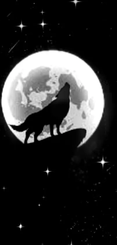 Wolf silhouette howling at a glowing full moon with stars on a black sky.