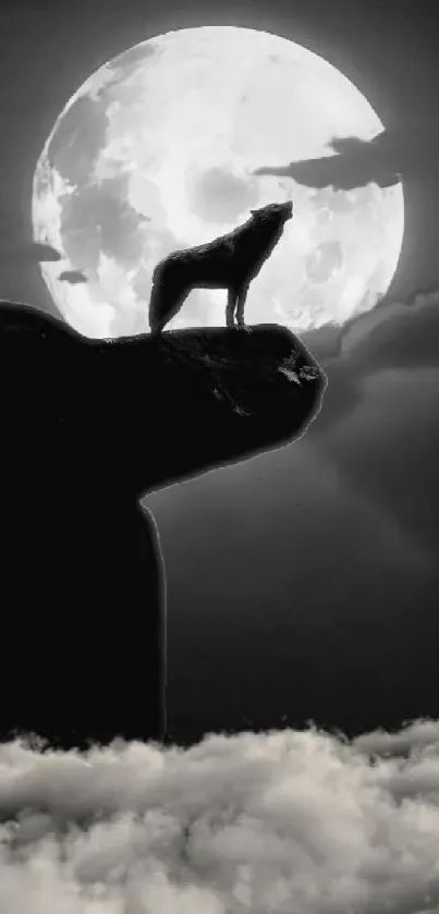 Wolf stands on a cliff beneath a full moon with glowing clouds.