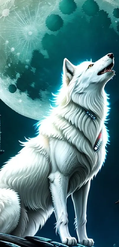 A majestic white wolf howling under a glowing full moon in a futuristic cityscape.