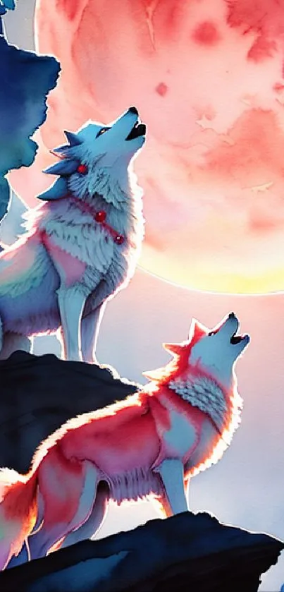 Two wolves howl beneath a vivid pink moon in a stunning artwork.