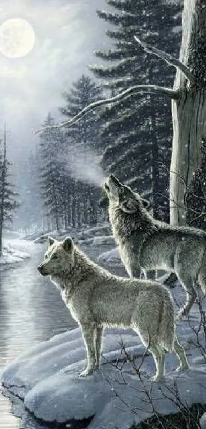 Two wolves howling under a moonlit winter sky by a snowy river.