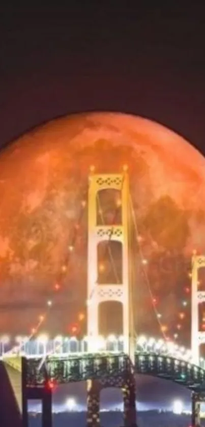 Moon rising over a lit-up bridge at night, creating a stunning visual display.