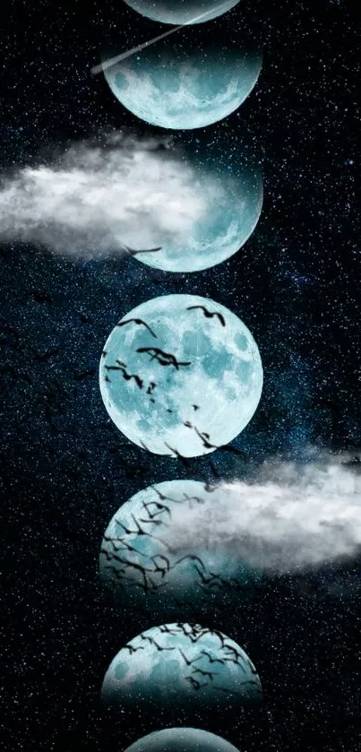 Mobile wallpaper of moons and clouds against a starry night sky.