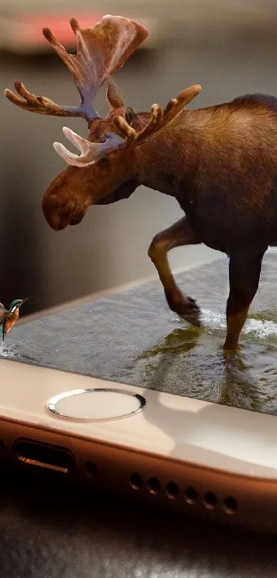 Moose walking on a smartphone screen in a surreal digital representation.