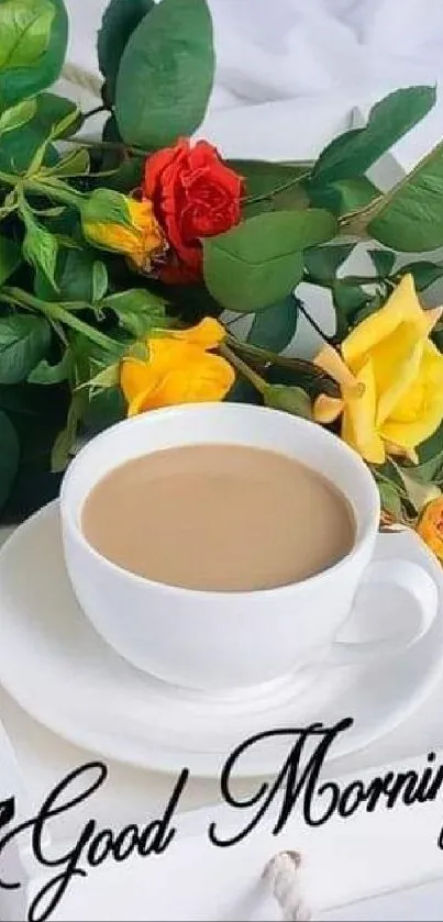 Coffee cup on tray with colorful flowers and 'Good Morning' text.