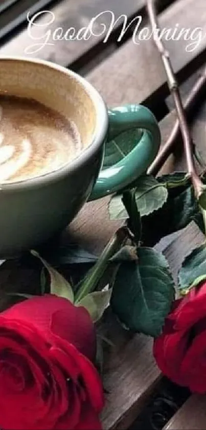 Coffee and red roses on wooden table.