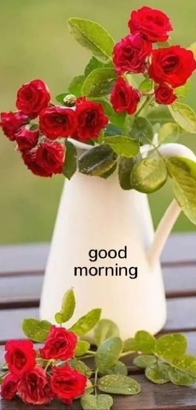 Red roses in a white vase with 'good morning' text.