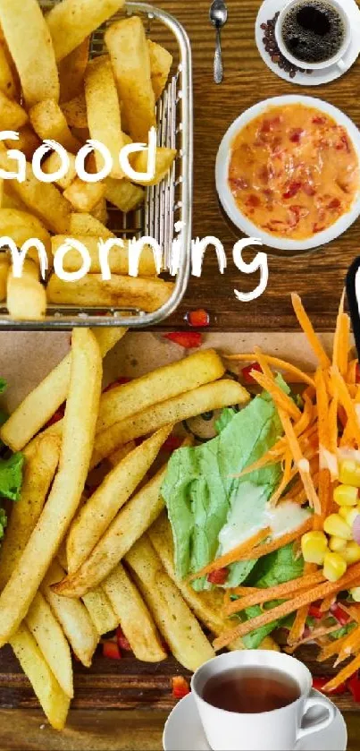 Good morning wallpaper with food, fries, and coffee.