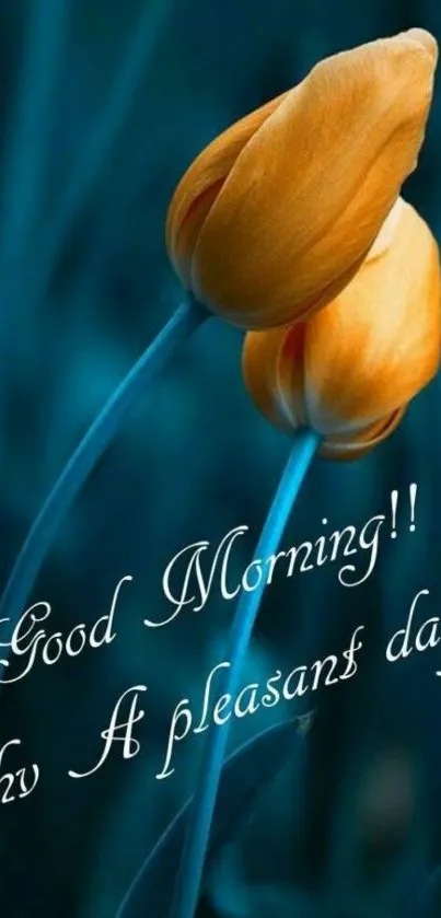 Orange tulips with 'Good Morning' text, teal background.