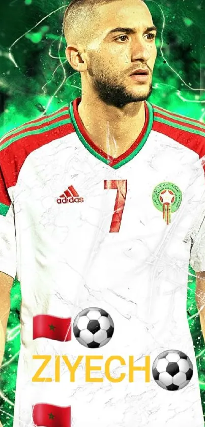 Mobile wallpaper of Moroccan football player with vibrant green background.