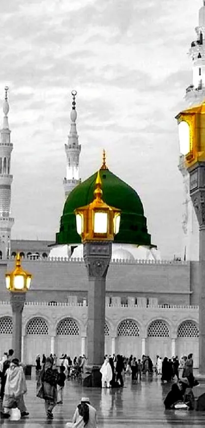 Mosque with green dome and gold lamps in elegant architectural view.