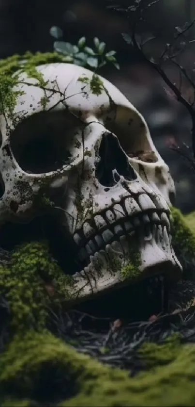 Moss-covered skull in dark foliage wallpaper.