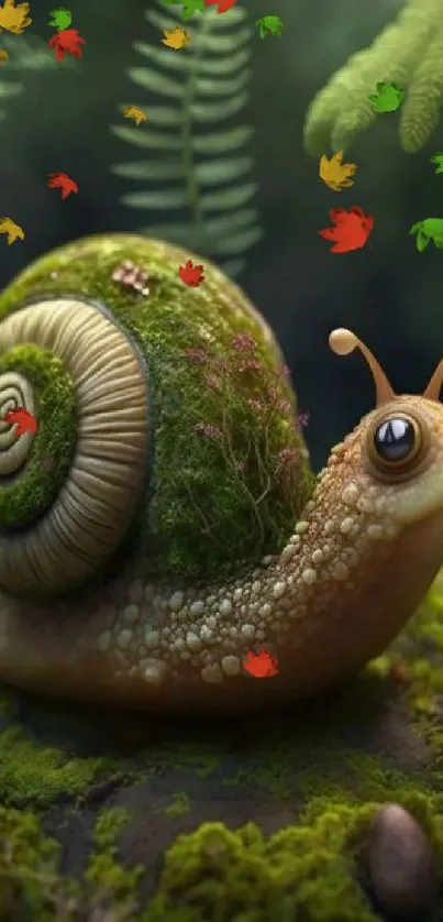 Moss-covered snail in a lush, green forest setting.