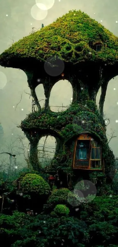 Mossy fantasy treehouse in misty forest wallpaper.