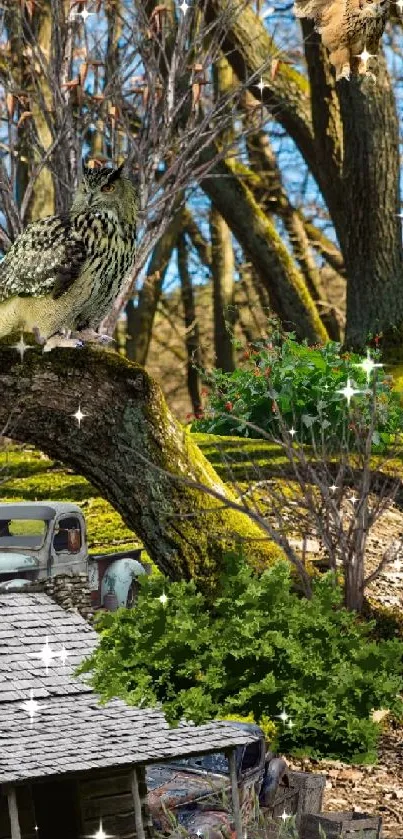 Mossy forest path with trees and rustic elements.