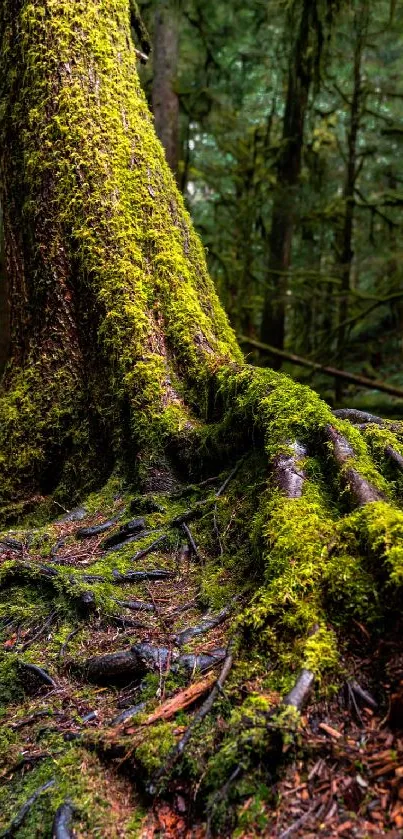 Moss-covered tree with exposed roots in a lush forest setting.